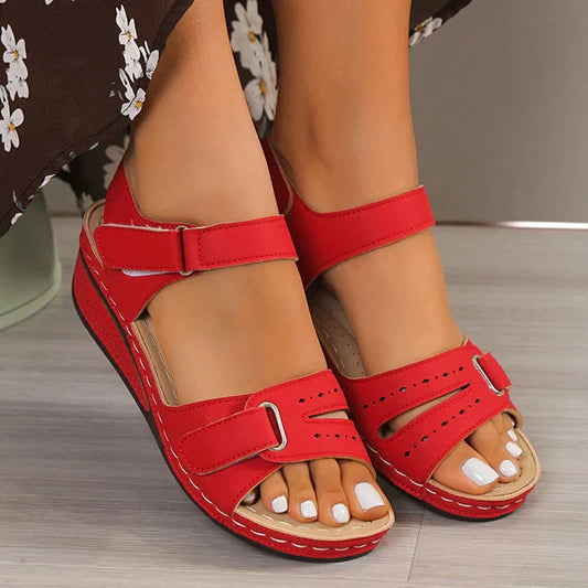 Damen Sandalen | Offen | Orthopädisch | Verstellbar | Veganes Leder-Rot-35-Luzern Mode