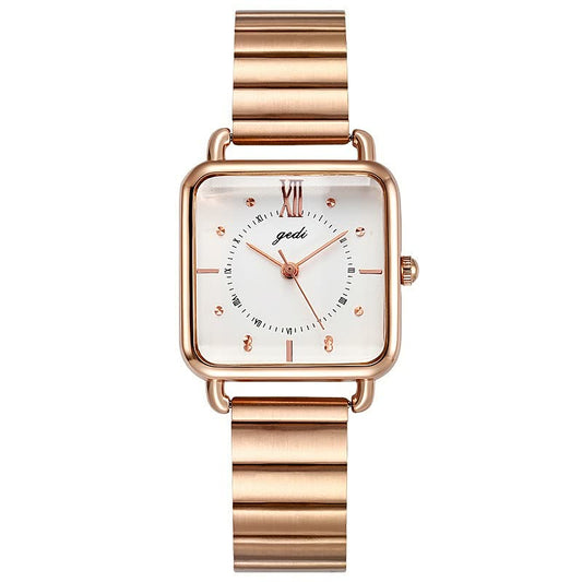 Roségoldene Armbanduhr mit quadratischem Zifferblatt, Edelstahlarmband, elegantes Design.