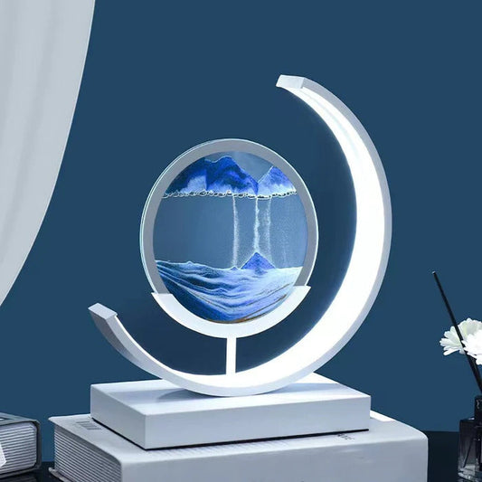 Moderne LED-Tischlampe mit Sanduhr-Design, blau-weiß, dekorative Beleuchtung, Wohnzimmer.