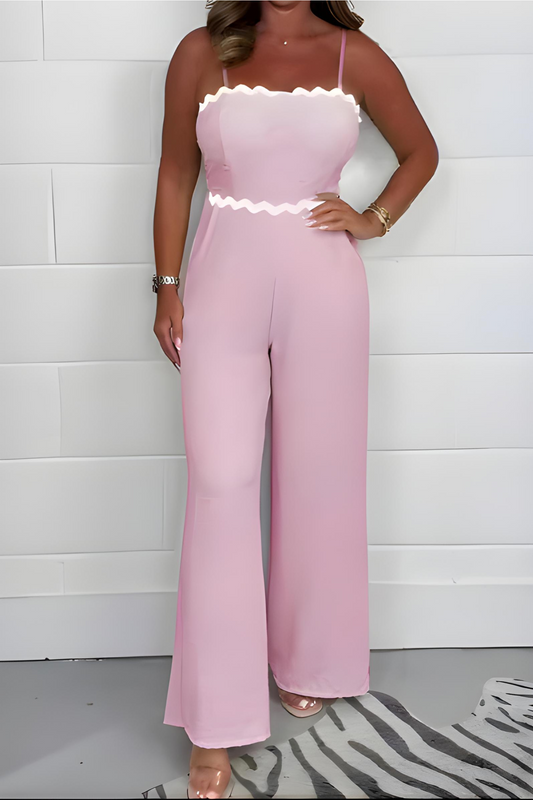 Trendy Jumpsuit Damen | Off Shoulder Color Block | Sommermode bequem stylisch-Rosa-S (36)-Luzern Mode