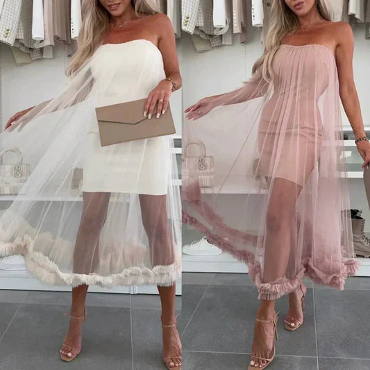 Schulterfreies Kleid Damen | Tüll | Rüschen | Kurz | Figurbetont | Party Look-Luzern Mode