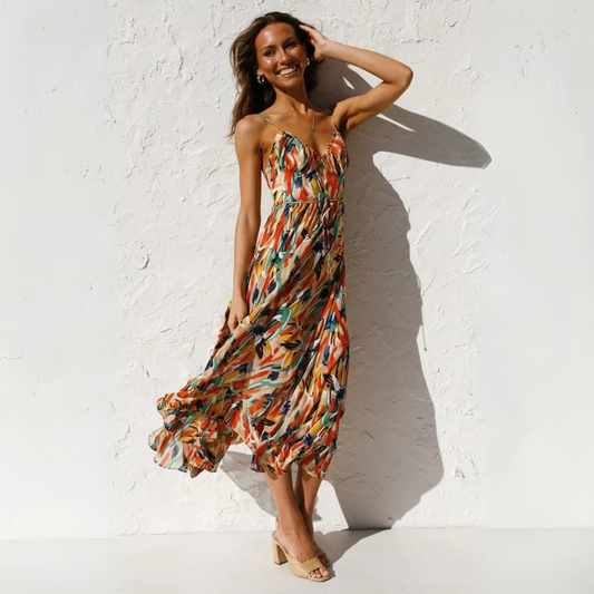 Sommerkleid Damen Rückenfrei | Auffälliger Druck | Leicht bequem | V-Ausschnitt-Orange-S-Luzern Mode
