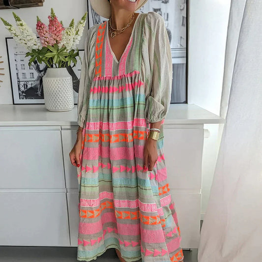 Maxikleid | Farbverlauf | Lockere Schnitt | Lange Ärmel | V-Ausschnitt-Luzern Mode
