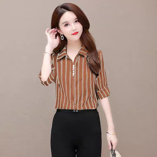 Chiffon Bluse Damen | Umlegekragen | halbe Ärmel | Knopfleiste | locker | knitterfrei-Khaki-L-Luzern Mode