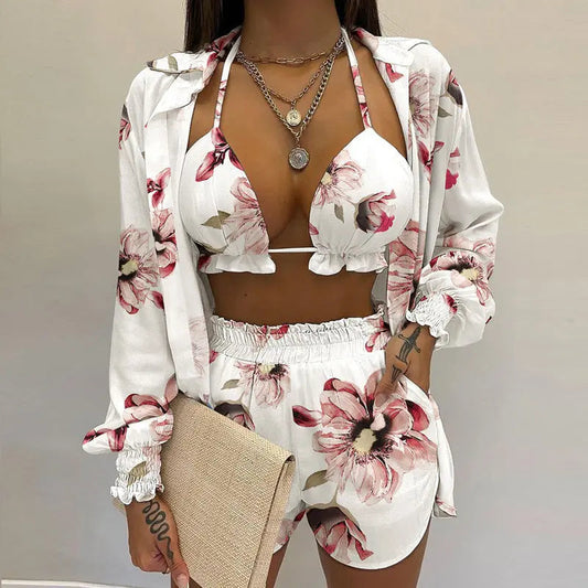 3-teiliges Sommer Set Damen | Tropen Look | Bikini Shorts Cover-up | Leicht & stylisch-Print/Weiß-S-Luzern Mode