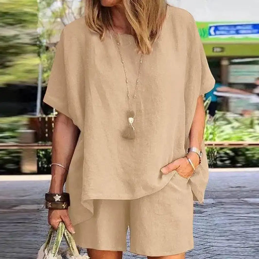 Leinen Set Damen zweiteilig | Shirt kurzarm | Shorts weit | atmungsaktiv | leicht-Khaki-S-Luzern Mode