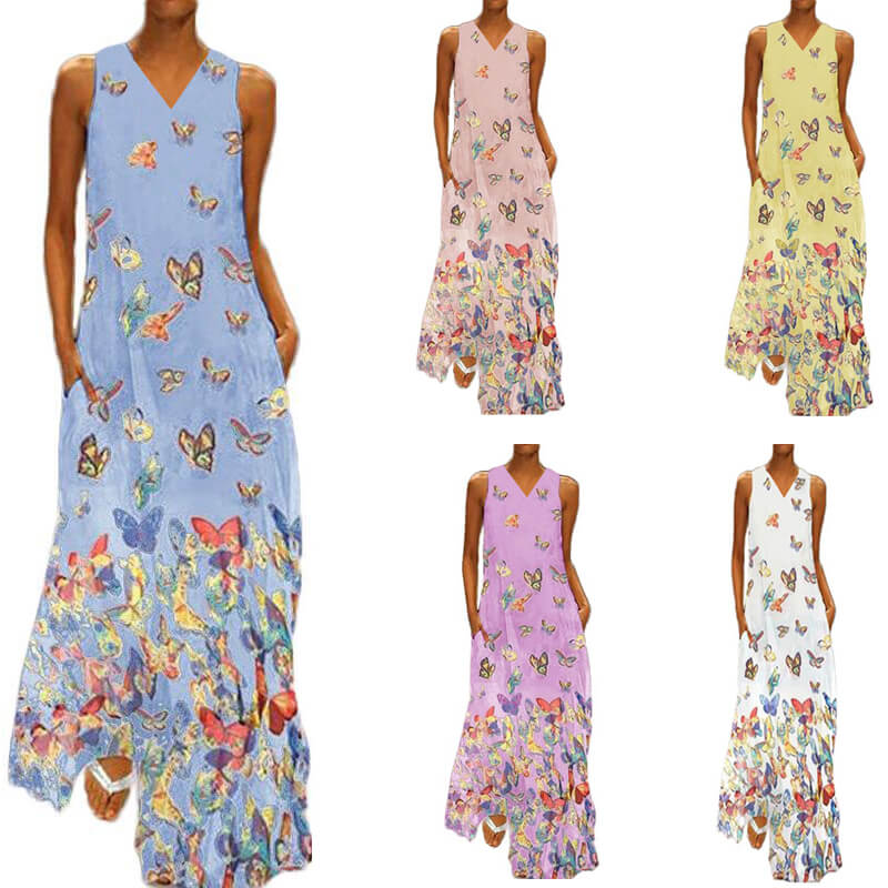 Luftiges Sommerkleid Damen | Maxi | Schmetterlingsprint | Farbenfroh | Ärmellos-Luzern Mode