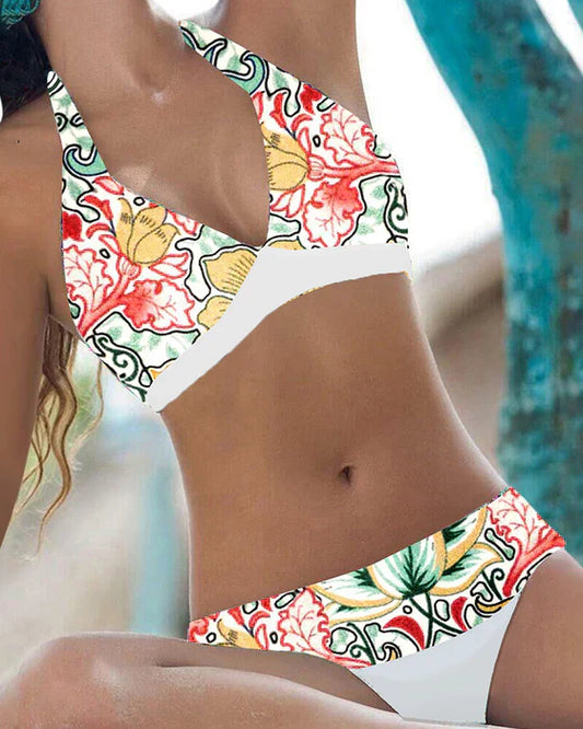 Blumen-Bikini | Fröhlich | Halterneck | Atmungsaktiv | Elastisch-Weiß Rosa-S-Luzern Mode