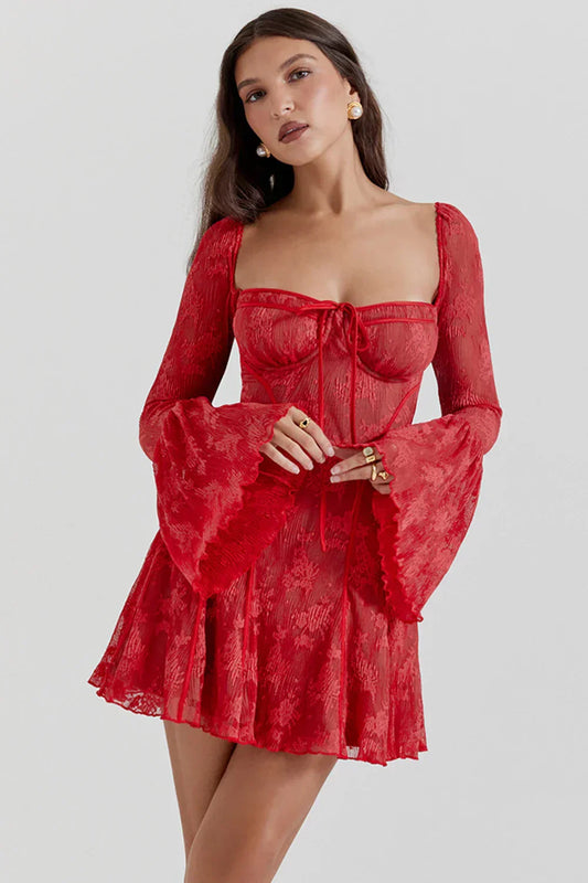 Spitzen-Minikleid | Langen Ärmeln | Einfarbig | Figurbetont | Weich-Luzern Mode