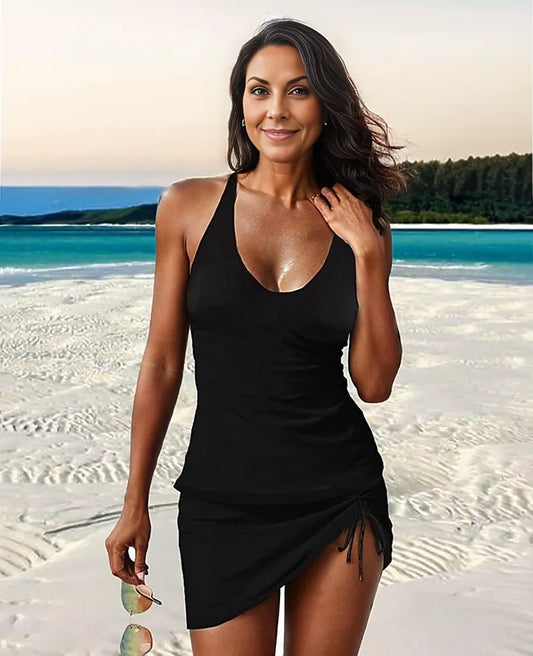 Tankini Badeanzug Damen | Rüschendetail | Schwarz | Figurformend | Sommer-M-Luzern Mode