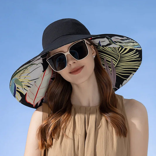 Sommer Sonnenhut Damen | Wendbar | Baumwolle | UV Schutz | Breite Krempe | 56–60 cm-Schwarz (doppelseitig)-Luzern Mode