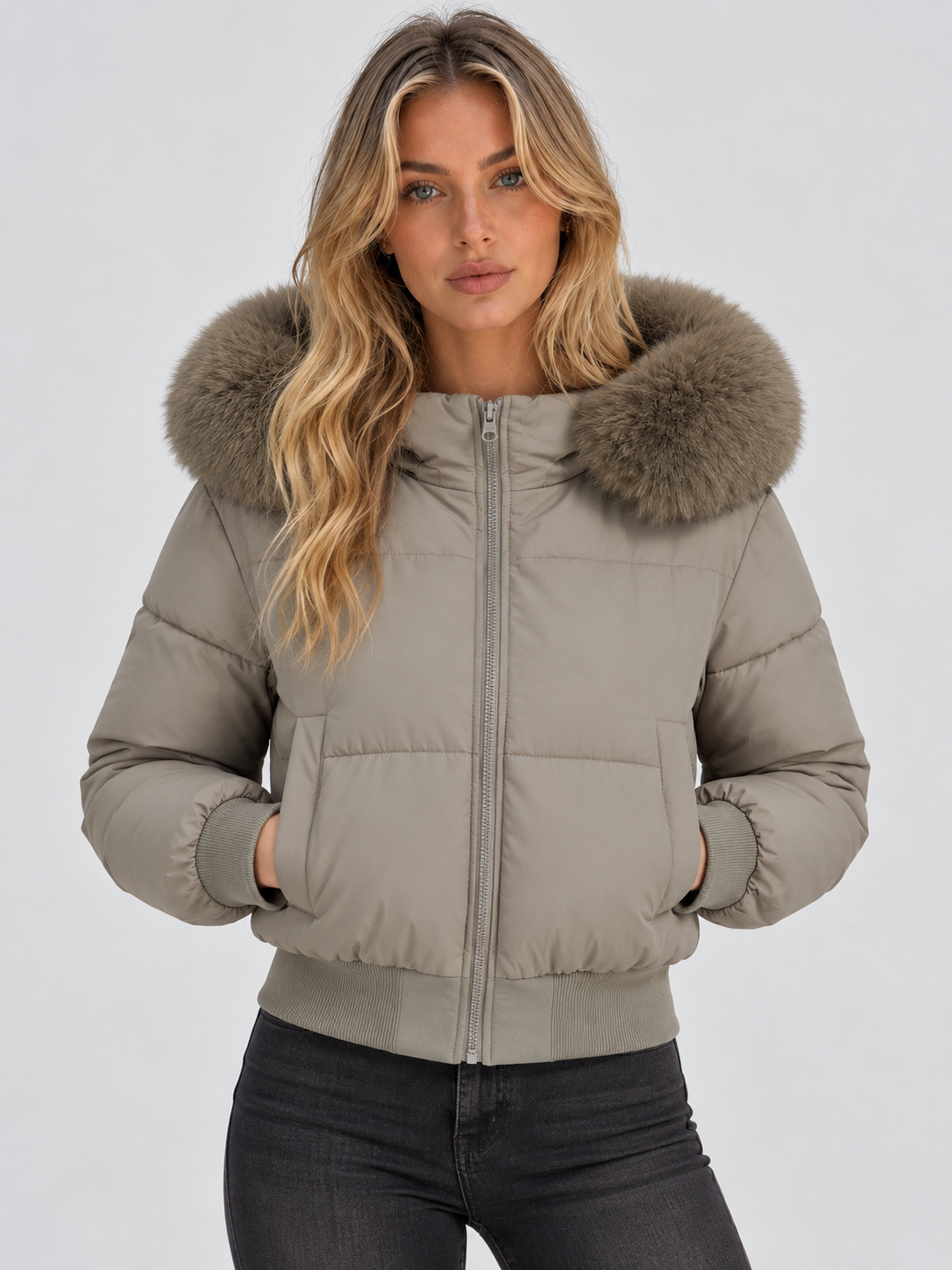 Die graubeige Steppjacke mit Fellkragen von vorn, beide Hände in den Seitentaschen 5