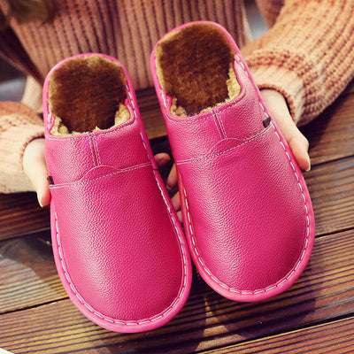 Rosa Plüsch-Hausschuhe aus Leder, warm, unisex, ideal für Winter, Damen und Herren.