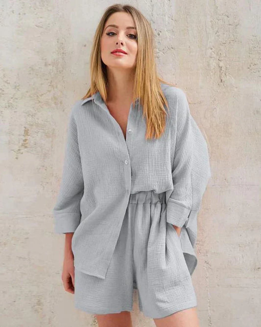 Sommer Set Damen zweiteilig | strukturiertes Material | Shorts | Oberteil | luftig-Grau-S-Luzern Mode