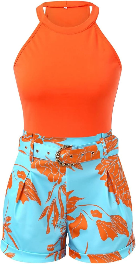 Sommer Zweiteiler Damen | Florales Set | Luftiges Top | Kurze Hose | Orange-Luzern Mode