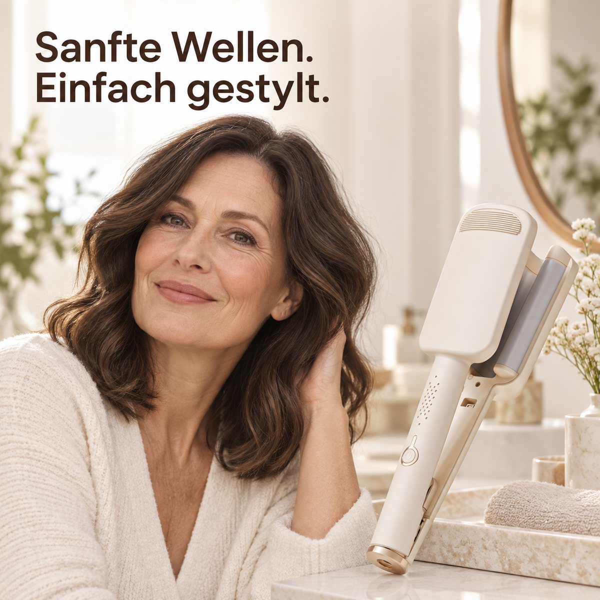 Lächelnde Frau mit sanft gewellten braunen Haaren neben dem cremefarbenen Wellenstyler im hellen Badezimmer 1