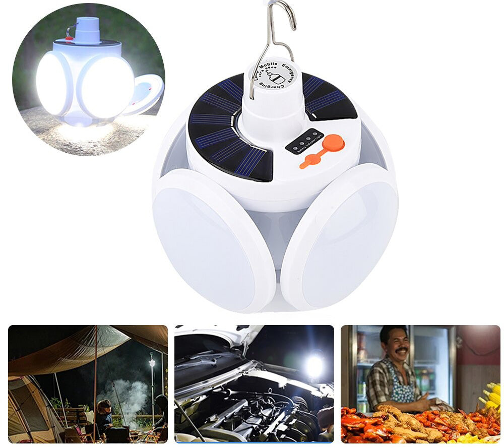 Tragbare LED-Campinglampe mit Solarpanel, weiß, für Outdoor-Aktivitäten und Notbeleuchtung.