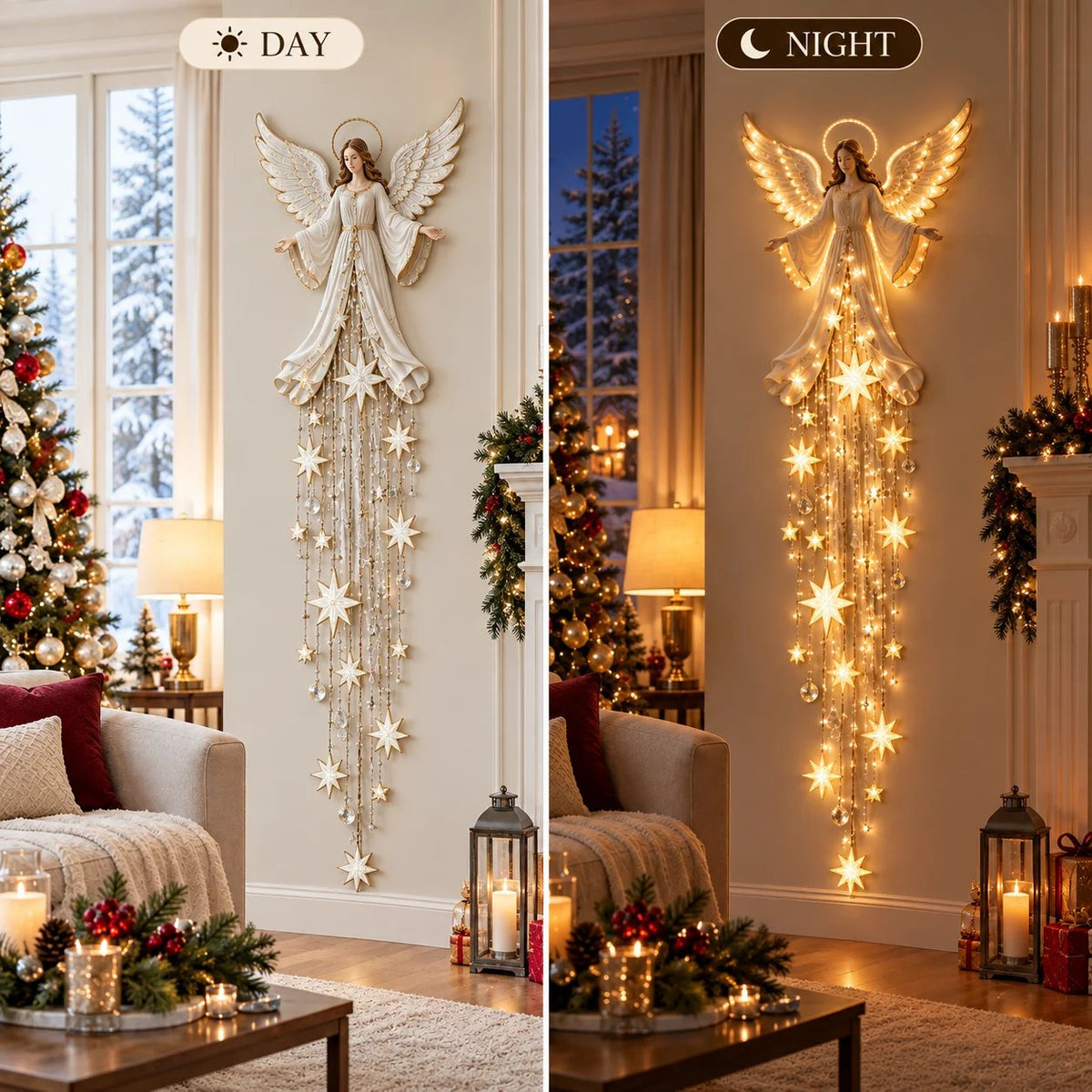 Vorher-nachher-Vergleich: links der ausgeschaltete Engel tagsüber, rechts derselbe Engel nachts mit warmweißem Licht an der Wohnzimmerwand. 6