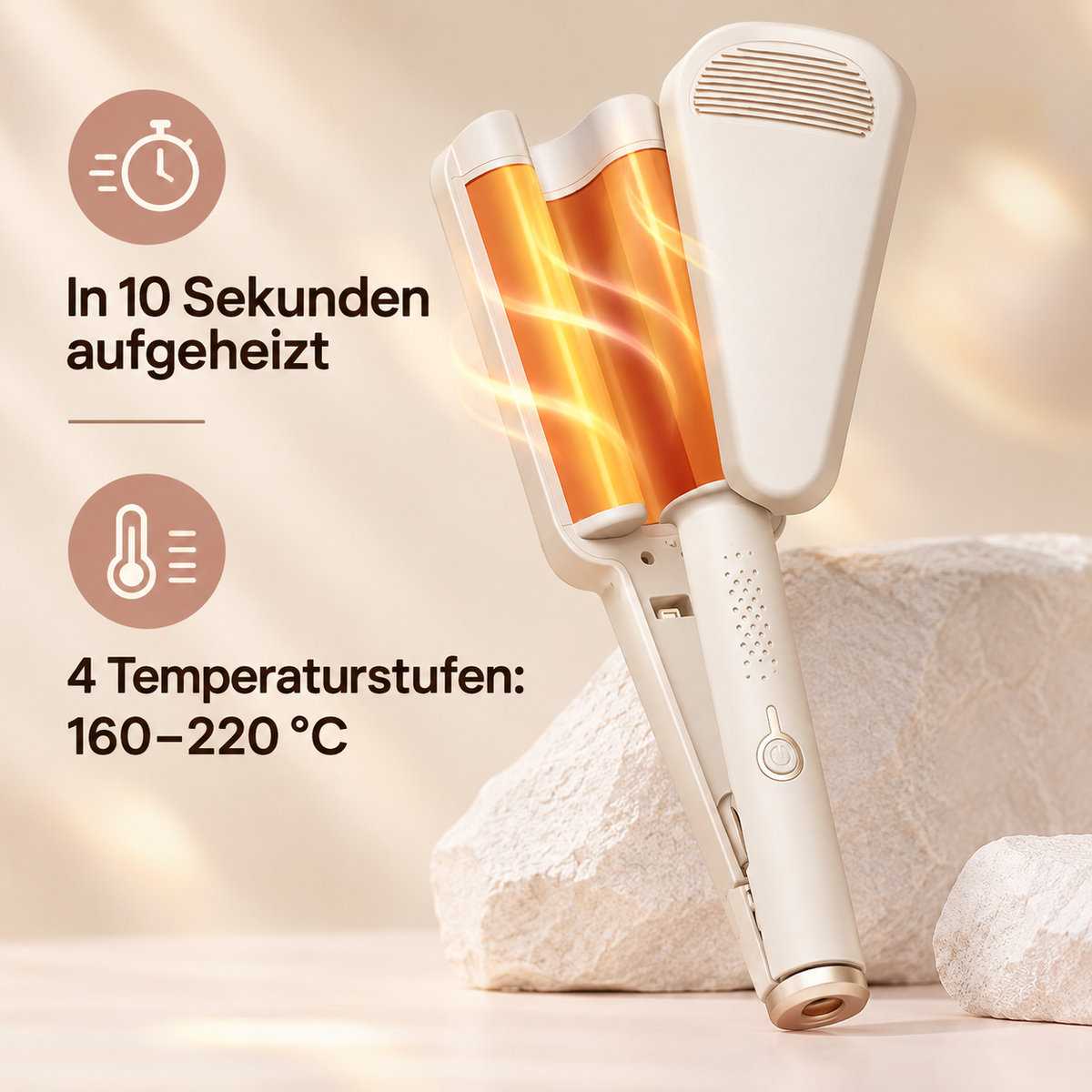 Cremefarbener Wellenstyler mit orange glühenden Heizplatten, daneben Symbole für schnelles Aufheizen und vier 12