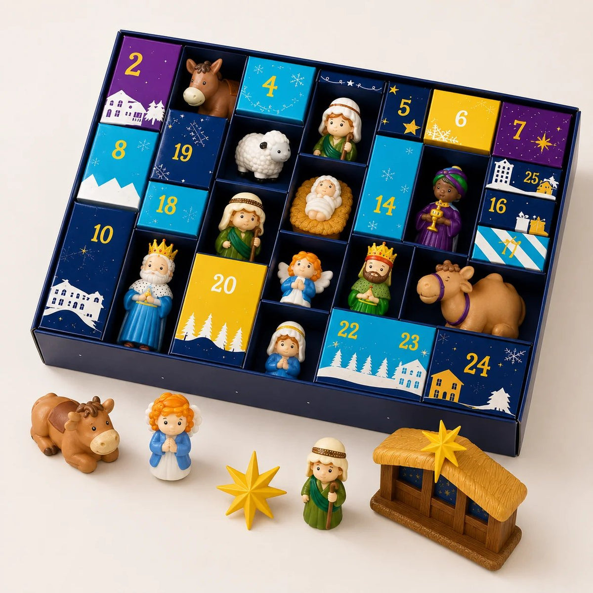 Geöffneter Kalender mit Figuren in den Fächern, davor Ochse, Engel, Hirte, Stern und Stall 5