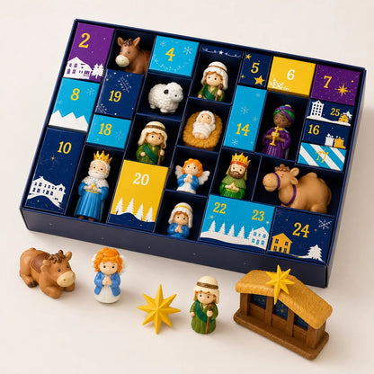 Geöffneter Kalender mit Figuren in den Fächern, davor Ochse, Engel, Hirte, Stern und Stall 5