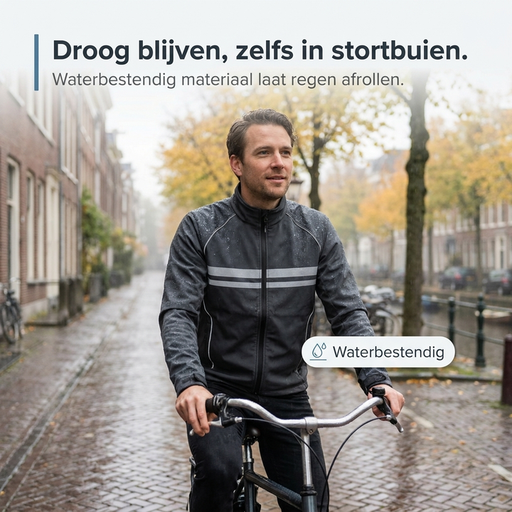 Radfahrer in der schwarzen Jacke fährt bei Regen über eine nasse Backsteinstraße, Wassertropfen perlen auf dem Stoff ab. 2