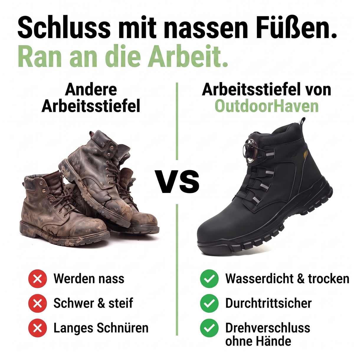 Vergleichsgrafik: links abgenutzte, verschmutzte braune Stiefel, rechts der schwarze Arbeitsstiefel mit Drehverschluss 4