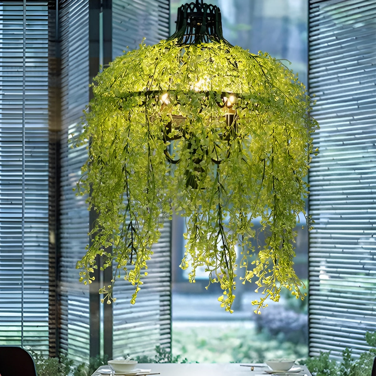 Leuchte mit hellgrünen, kleinblättrigen Ranken über einem gedeckten Tisch, im Hintergrund Fensterläden und Garten 3