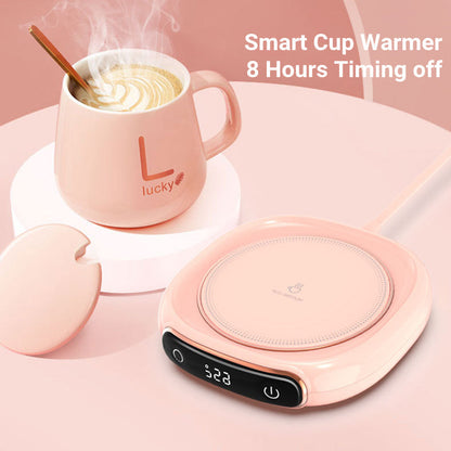 Rosa Tassenwärmer mit Timer, digitalem Display, ideal für Kaffee oder Tee, modernes Design.