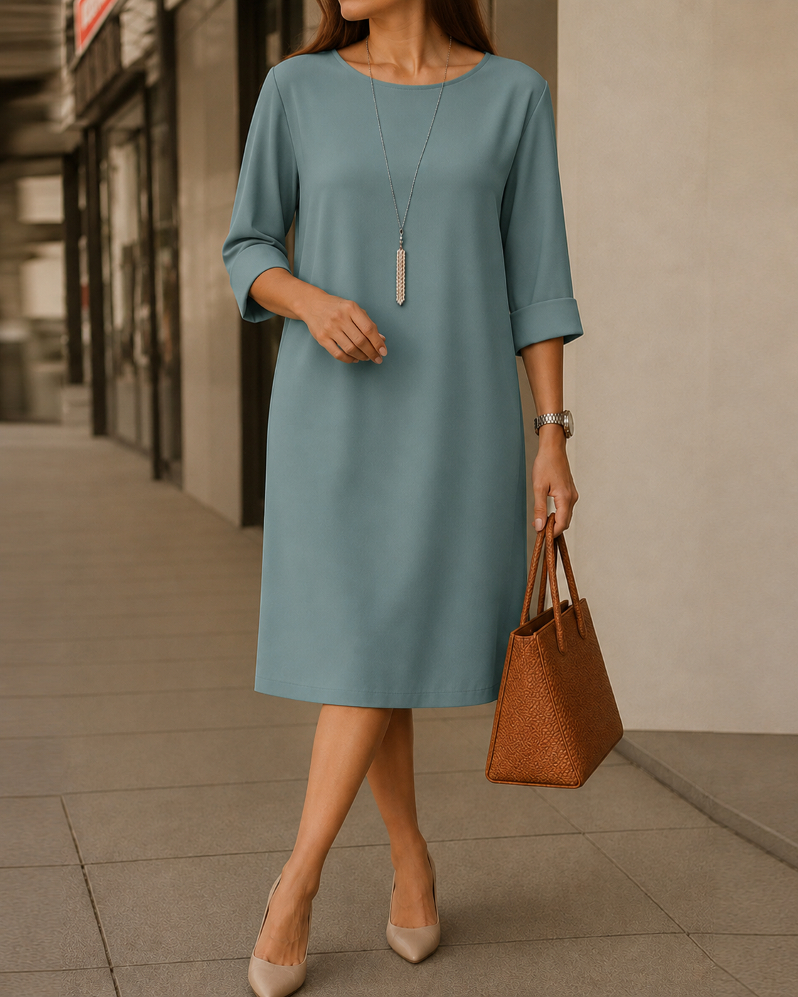 Graublaues Kleid mit umgeschlagenen Dreiviertelärmeln, kombiniert mit beigen Pumps und brauner Tasche auf dem Gehweg 5
