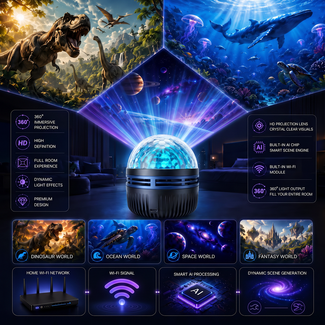 Projektor in der Mitte, umgeben von Dinosaurier-, Ozean- und Weltraumprojektionen, darunter vier Themenwelten und Symbole für WLAN und KI-Verarbeitung. 6