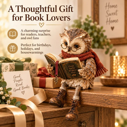 Als Geschenkidee inszenierte Eule mit Buch auf einer Kommode, umgeben von Geschenkpäckchen, goldenem Band, Grußkarte und Kerzenlicht. 7