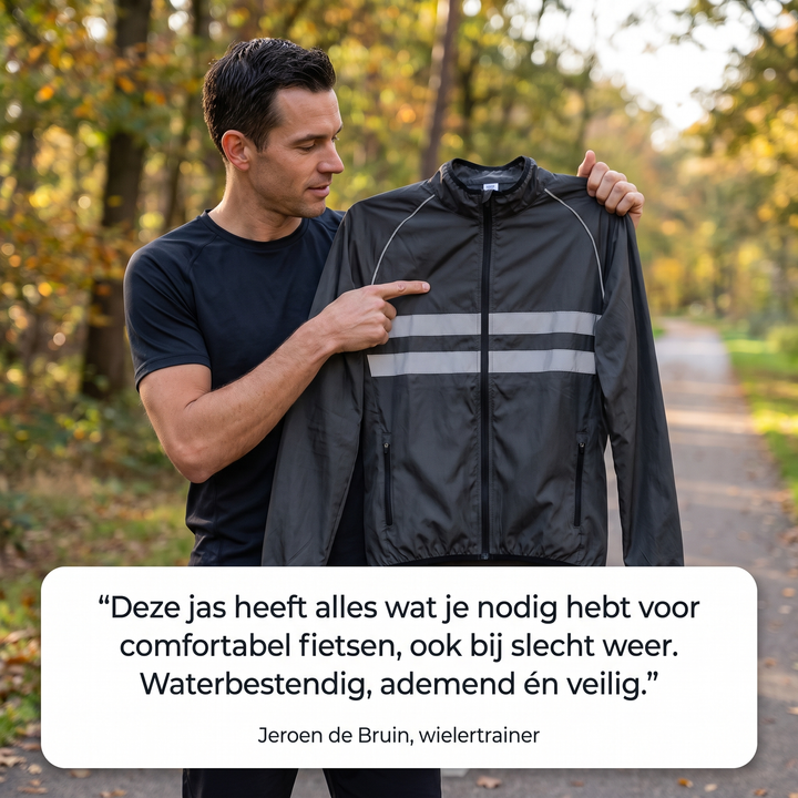 Mann hält die schwarze Jacke im herbstlichen Wald hoch und zeigt auf die reflektierenden Streifen, darunter ein Zitat. 6