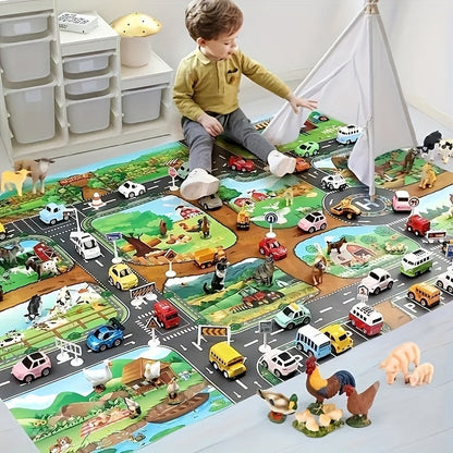 Kinder Spielteppich mit Bauernhof- und Verkehrsthema - DuoPlay