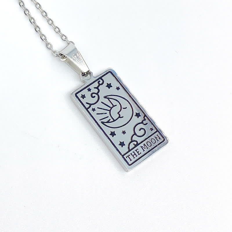 Silberne Tarotkarte Mond Anhänger Halskette, Edelstahl, mystisches Design, Damen Schmuck.