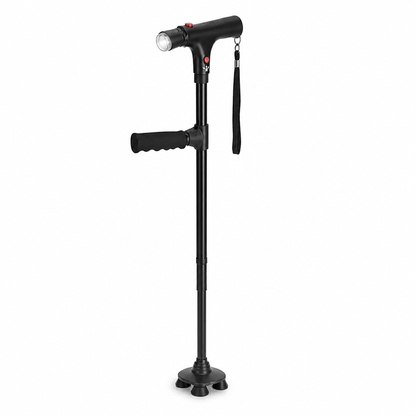 Schwarzer Gehstock freigestellt von vorn, mit LED-Lampe am Griff, seitlichem Zusatzgriff, Handschlaufe und vierfüßiger Basis 1