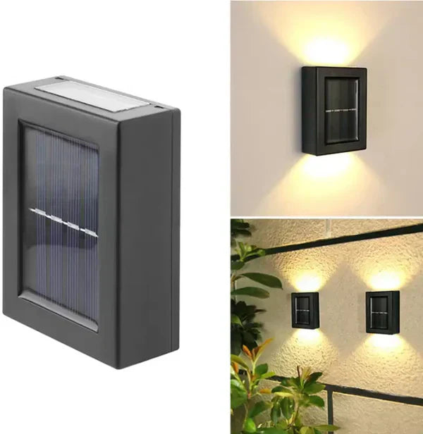 Schwarze Solar-Wandleuchte für Außenbereich, energiesparend, modernes Design, LED-Beleuchtung.