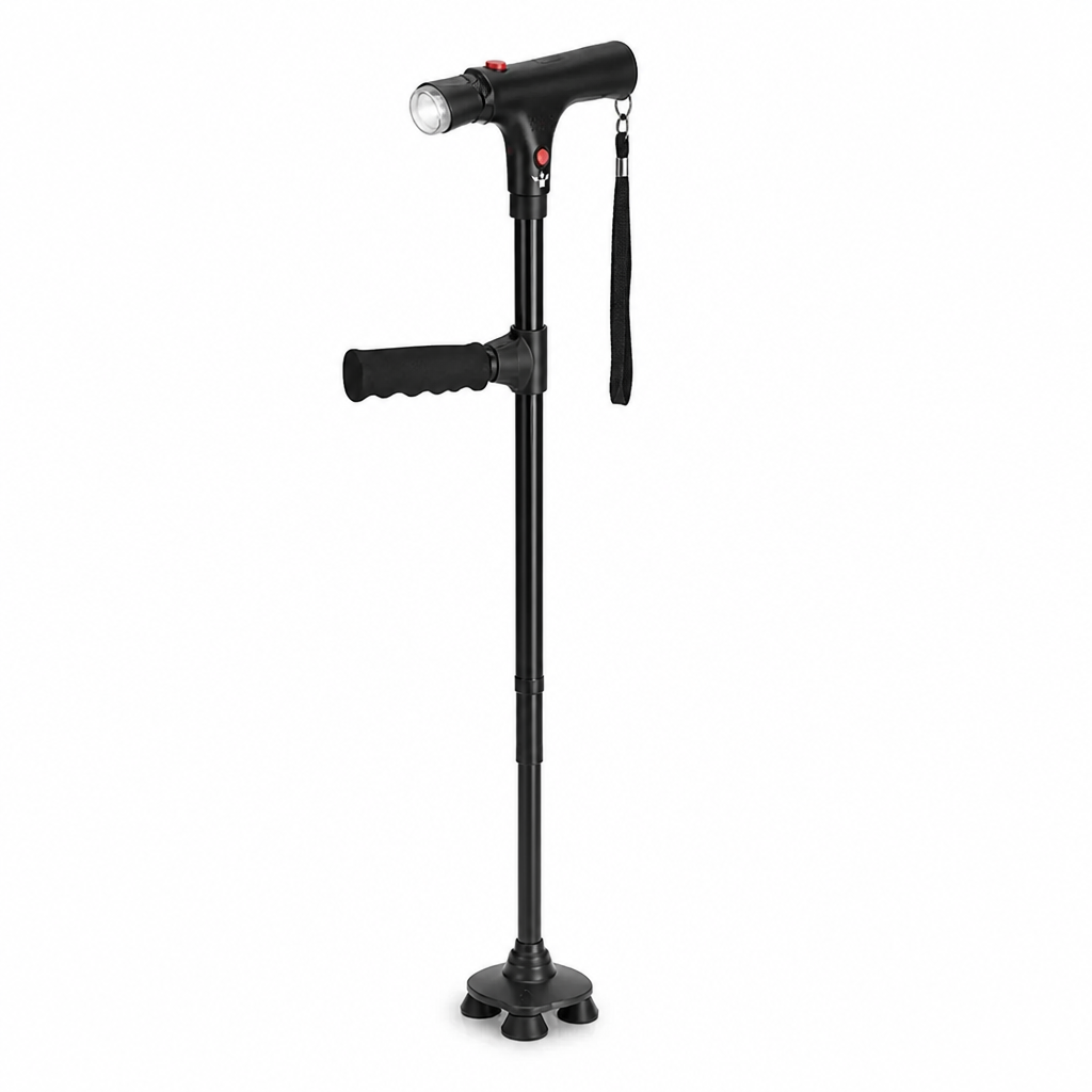 Lightweight Aluminum Folding Walking Cane with 4-Point Base, LED Light & Alarm 1