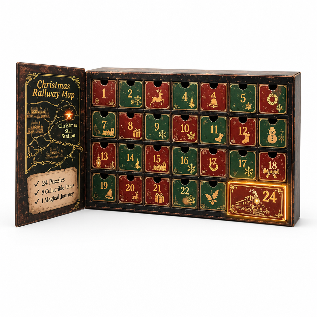 Geöffneter Kartonkalender mit 24 rot-grünen Türchen mit goldenen Weihnachtsmotiven und aufgeklappter Bahnkarte links, Türchen 24 golden leuchtend. 1