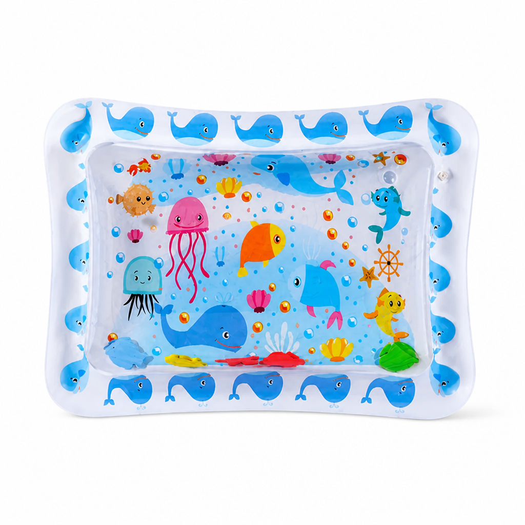 Rechteckige Wassermatte mit weißem Rand voller kleiner blauer Wale, im Inneren Quallen, Fische und bunte Schwimmfiguren. 8
