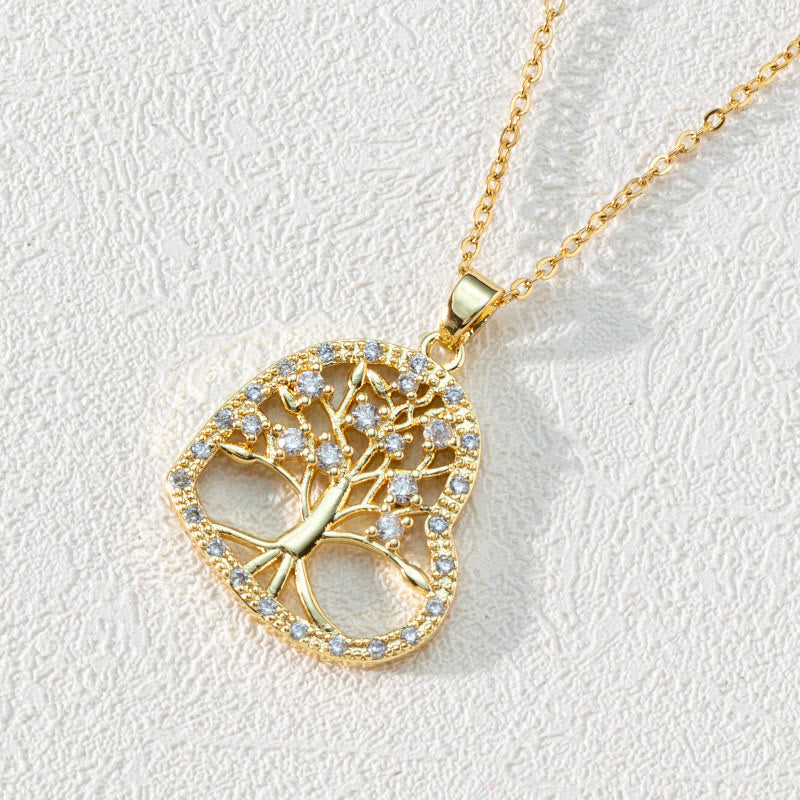 Goldener Lebensbaum-Anhänger mit Zirkonia, Herzform, filigranes Design, Damen-Halskette.