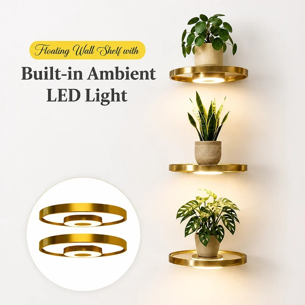 Drei übereinander montierte goldfarbene Wandregale mit Pflanzen und LED-Licht vor heller Wand, links unten zwei einzelne Regale freigestellt. 6