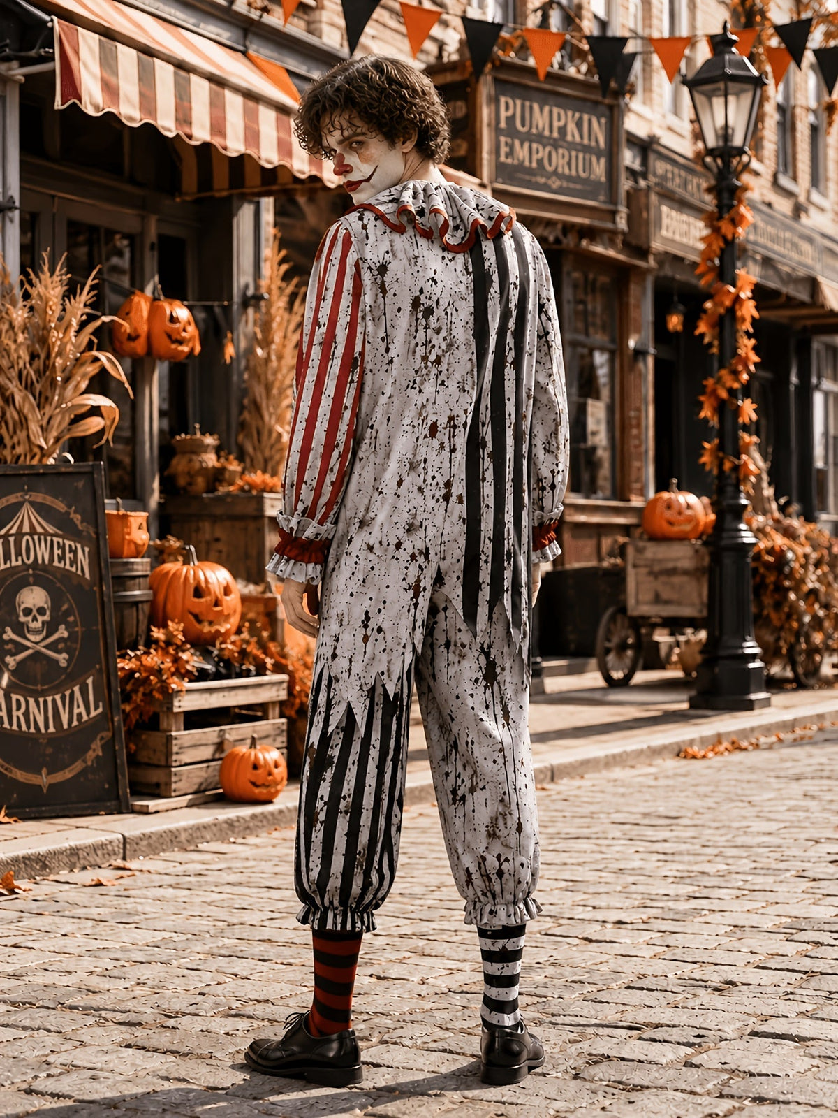Rückansicht des Clown-Overalls mit Rüschenkragen und gezackten Streifenbahnen, das Model blickt über die Schulter zurück zur Kamera. 3