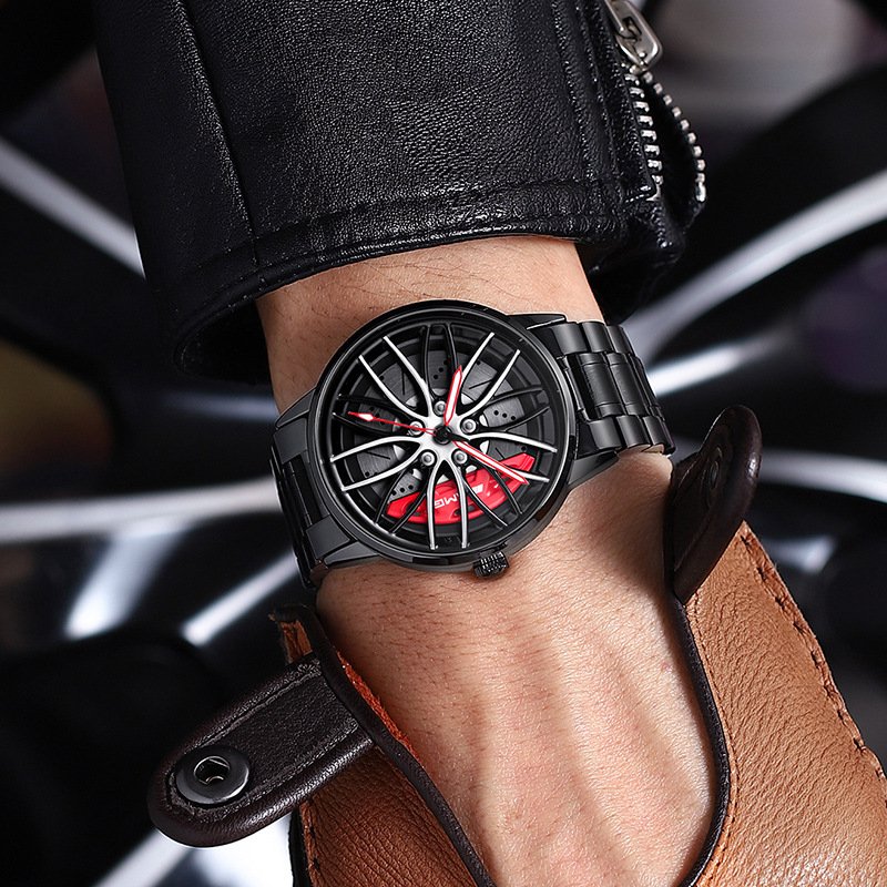 Schwarze Herrenarmbanduhr mit rotem Zifferblatt, Edelstahlarmband, sportliches Design.