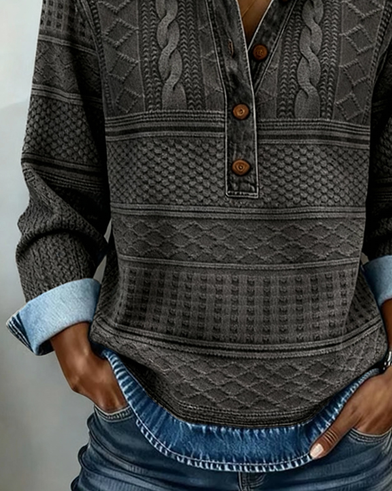 Women's Patterned Sweatshirt with Shirt Collar and Button Front 7