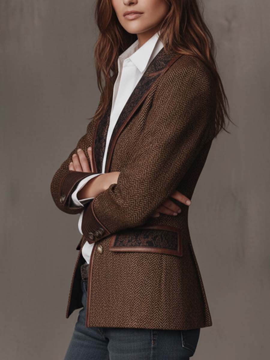 Seitliche Dreiviertelansicht des Blazers mit Model, Arme verschränkt, Paisley-Kragen und Taschenklappe im Blick 3