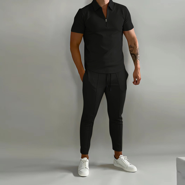 Männer Sommeranzug, schwarze Polo-Shirt und Kalfhose, Freizeit, Streetwear, 2-teiliges Set.