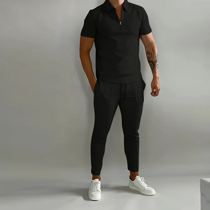 Männer Sommeranzug, schwarze Polo-Shirt und Kalfhose, Freizeit, Streetwear, 2-teiliges Set.