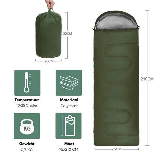Grüner Schlafsack, Polyester, 10-25°C, 75x210cm, leicht, tragbar, Camping, Outdoor.