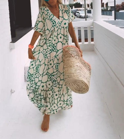 Grünes Maxikleid mit kurzen Ärmeln und Muster – Elisa